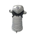 Charger l'image dans la visionneuse de la galerie, Gray insulated dog jacket with hood and built-in black reflective harness displayed from back
