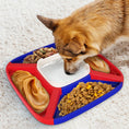Load image into Gallery viewer, Dog eating from a blue and red multifunctional feeder with sections for dry food, lick treats, and a central water bowl
