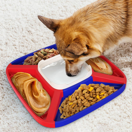 Dog eating from a blue and red multifunctional feeder with sections for dry food, lick treats, and a central water bowl