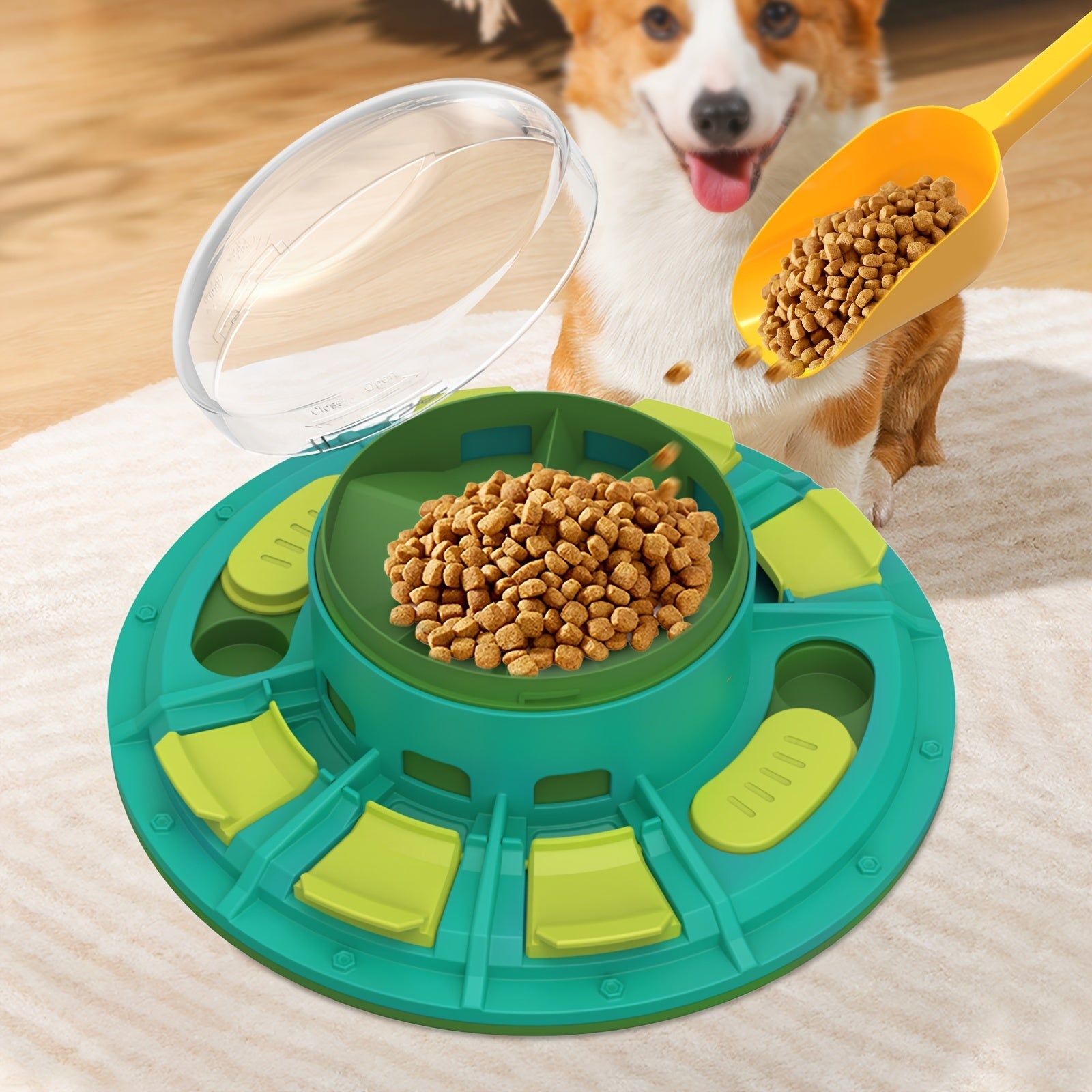 Corgi dog watching kibble being poured into teal puzzle feeder with green flaps on carpet