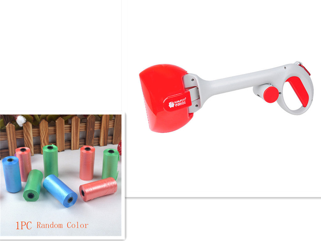 Front view of red and gray dog waste scooper with ergonomic handle