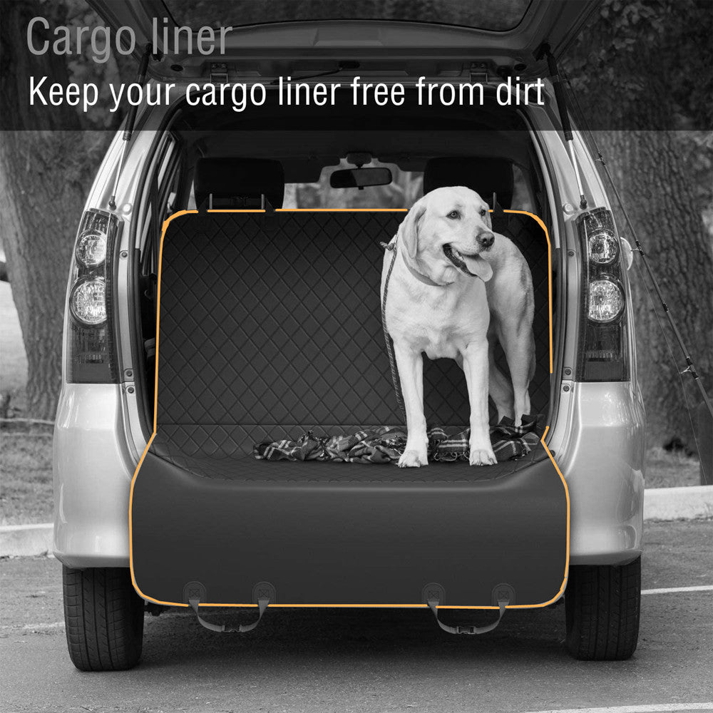 Cargo liner dog seat cover protecting SUV trunk area with a dog standing inside