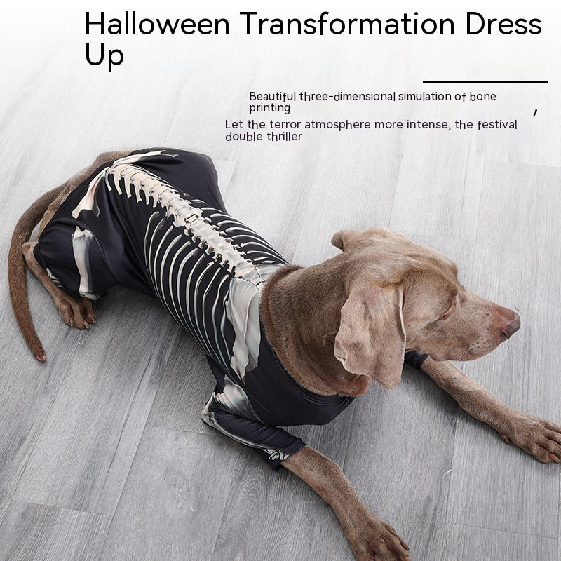 Flat view of black skeleton costume for dogs displaying rib and leg bone print