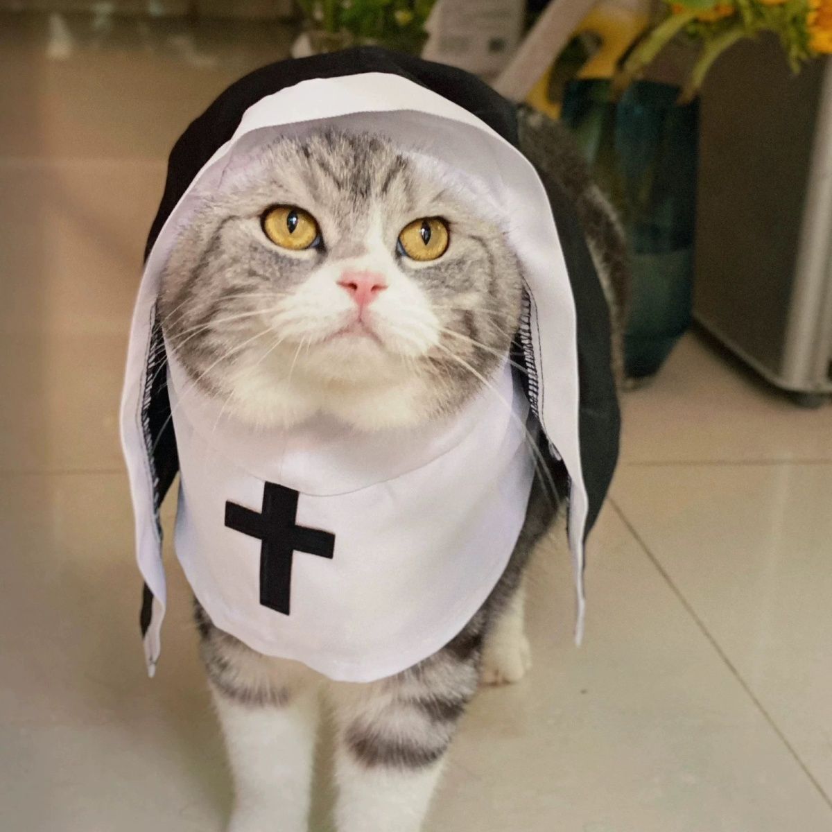 Nun costume with black and white habit and cross shown with size L measurements