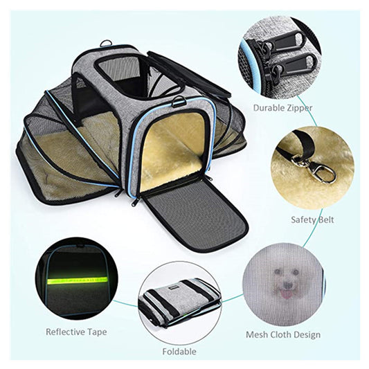 Gray expandable foldable pet carrier with yellow plush inside, showing durable zipper, safety belt clip, reflective tape, foldable design, and mesh cloth ventilation