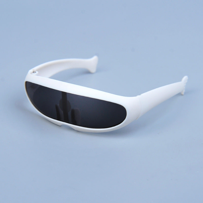 White-framed sunglasses with black lenses on blue background