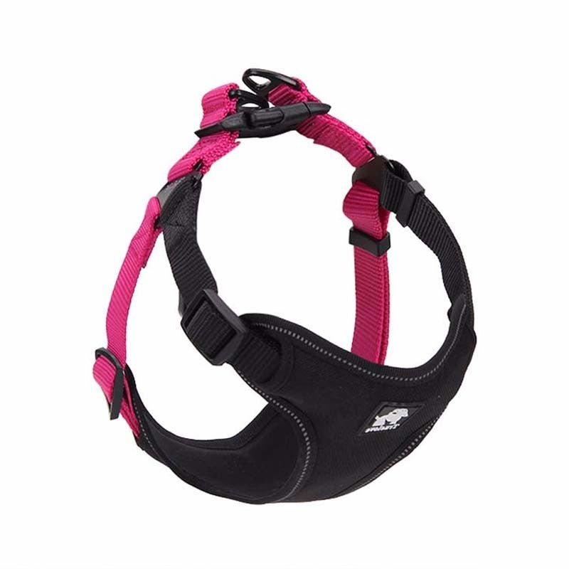 Pink and black adjustable dog harness with padded mesh section