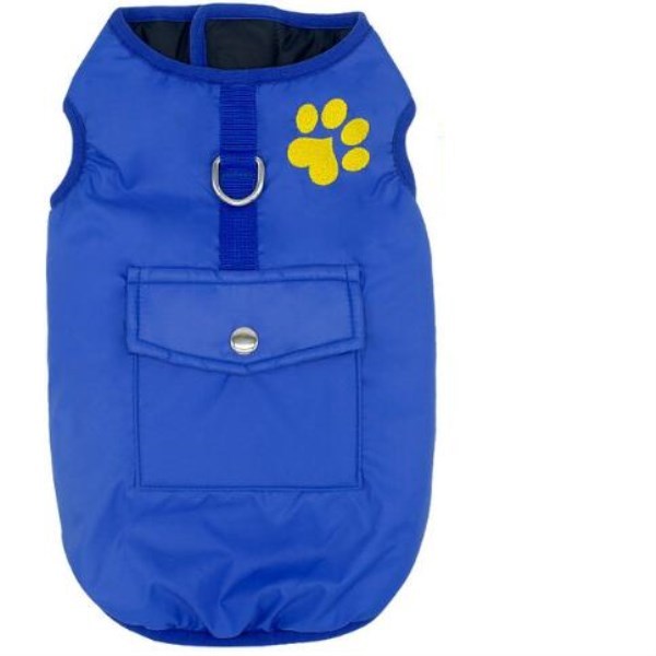 Blue insulated dog coat with front pocket and leash ring shown flat