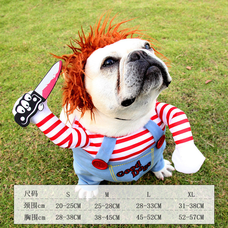 Size chart showing neck and chest circumference ranges for dog costume sizes S, M, L, and XL