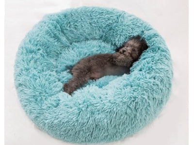 Small gray dog lying comfortably in round light blue plush pet bed