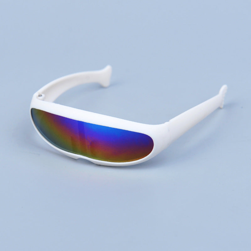 White-framed sunglasses with iridescent rainbow lenses on blue background