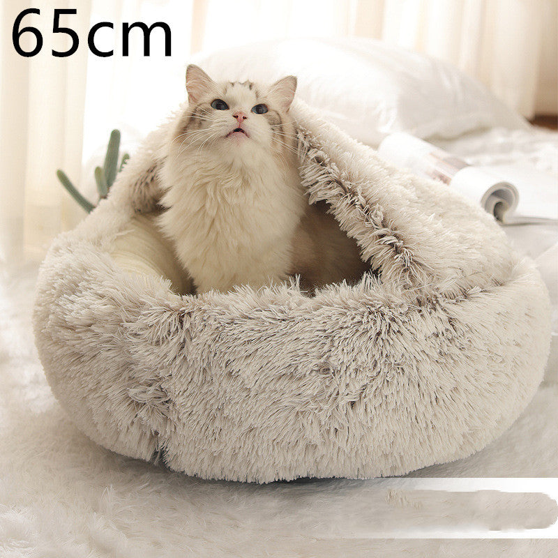 Cat in beige dome pet bed sized 65 cm, accompanied by yellow cherry embroidered pillow