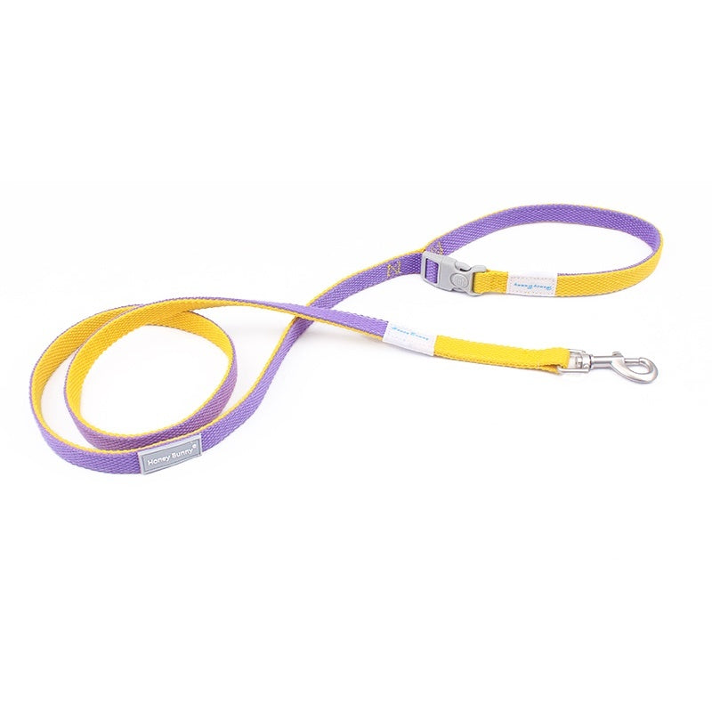 Purple and yellow adjustable woven fabric dog leash with buckle and metal clasp