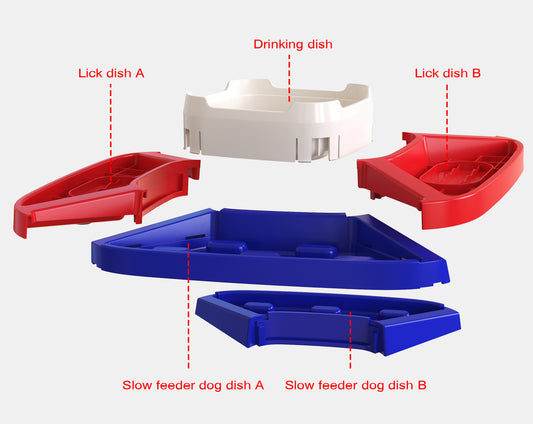 Exploded view of the feeder showing separate parts: two lick treat dishes, drinking dish, and two slow feeder dog dishes