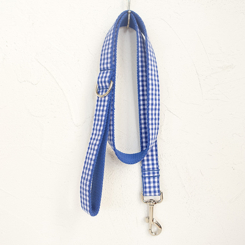 Blue plaid dog leash hanging from a hook on white wall