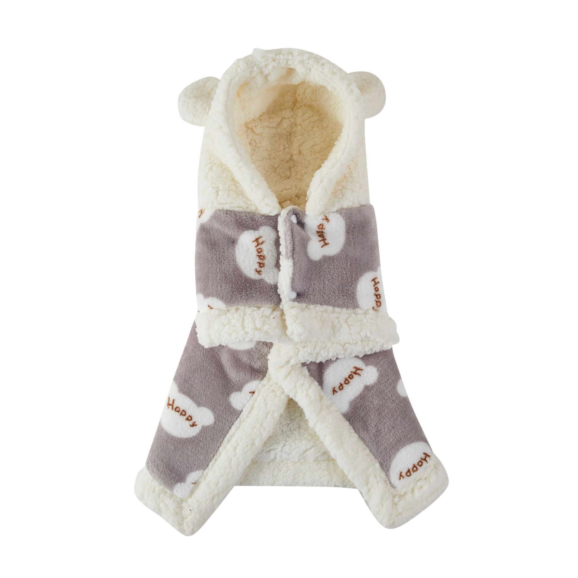Gray flannel hooded pet shawl laid flat showing fleece lining and cloud 'Happy' patterns