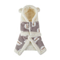 Load image into Gallery viewer, Gray flannel hooded pet shawl laid flat showing fleece lining and cloud 'Happy' patterns
