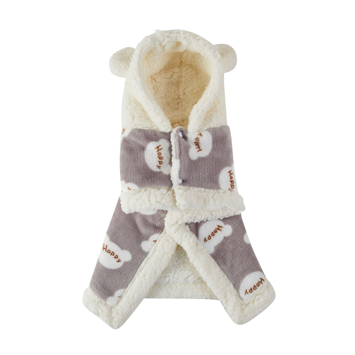 Gray flannel hooded pet shawl laid flat showing fleece lining and cloud 'Happy' patterns