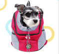 Load image into Gallery viewer, Small dog wearing glasses in red breathable pet carrier backpack
