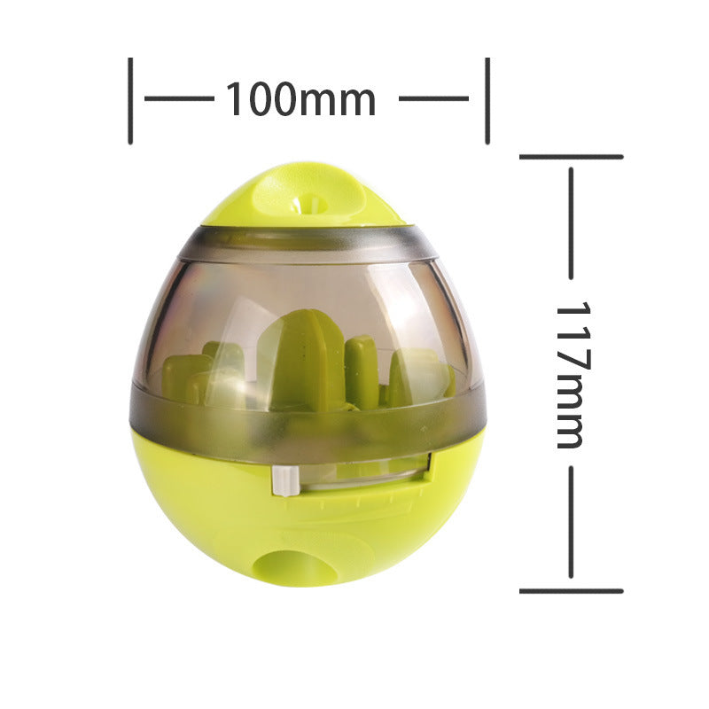 Dimensions of lime green interactive pet food dispenser showing 100mm width and 117mm height