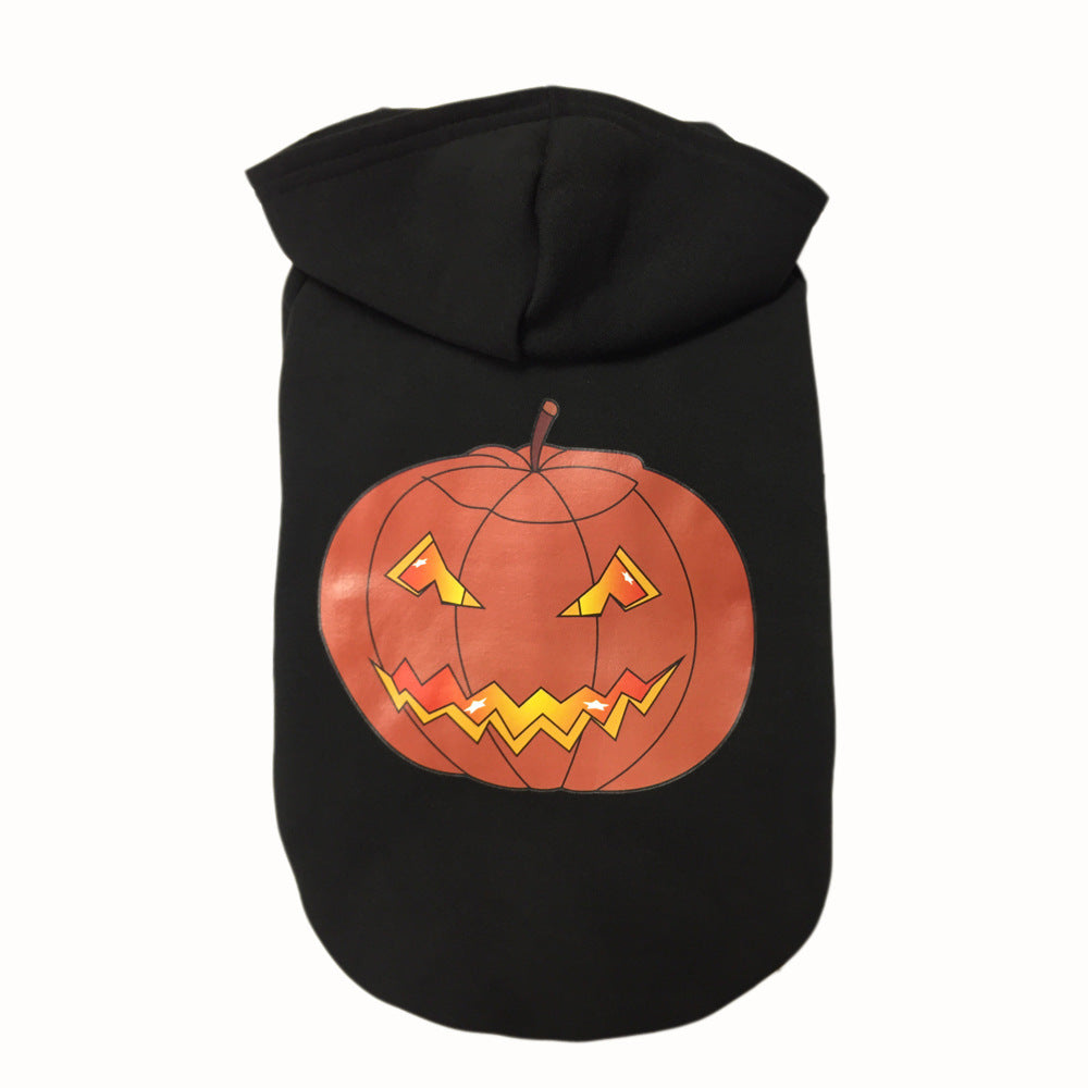 Black dog hoodie with large orange jack-o-lantern face print on back