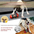 Load image into Gallery viewer, Dog playing with red/black dog food dispensing toy, text overlay highlights brain and body engagement and prevention of destructive behavior
