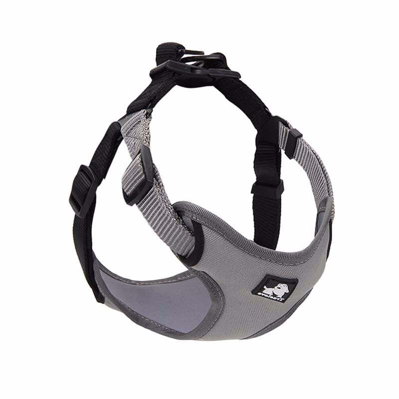 Gray and black adjustable dog harness with mesh padding and secure buckle