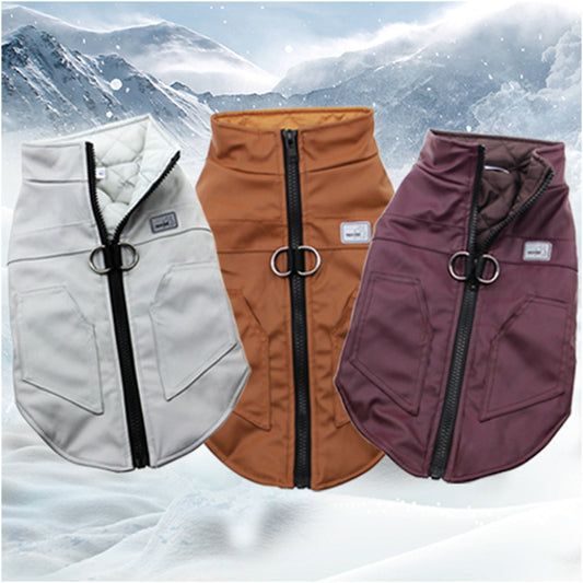 Three quilted waterproof pet jackets in white, brown, and burgundy displayed against snowy mountain background