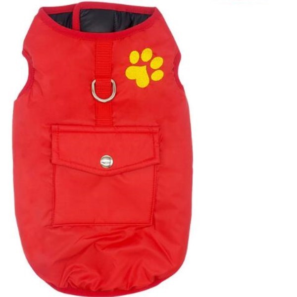 Red insulated dog coat with front pocket and leash ring displayed flat