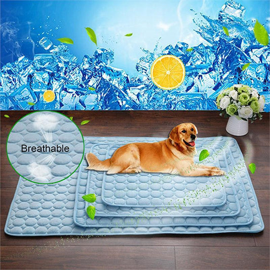 Golden retriever lying comfortably on layered light blue breathable pet cooling mats with ice cubes background