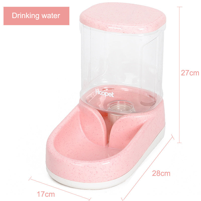 Pink automatic pet water dispenser with clear water container and size details