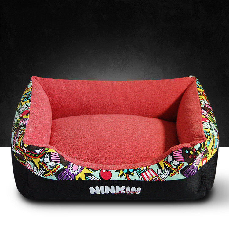 Tender powder plush pet bed with cushioned sides and playful print border