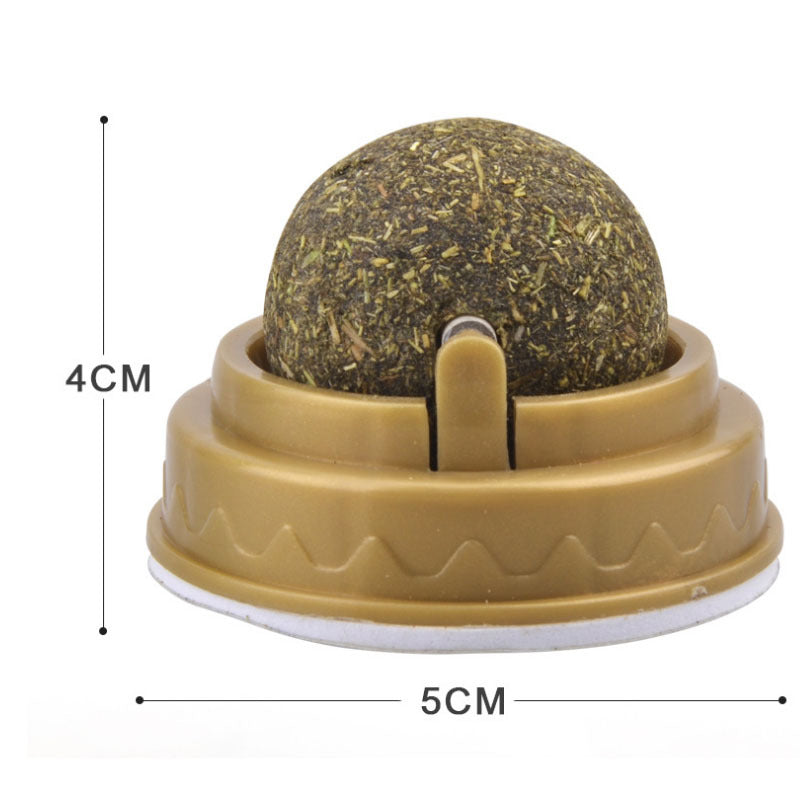 Close-up of catnip ball in brown base showing dimensions 5cm width by 4cm height