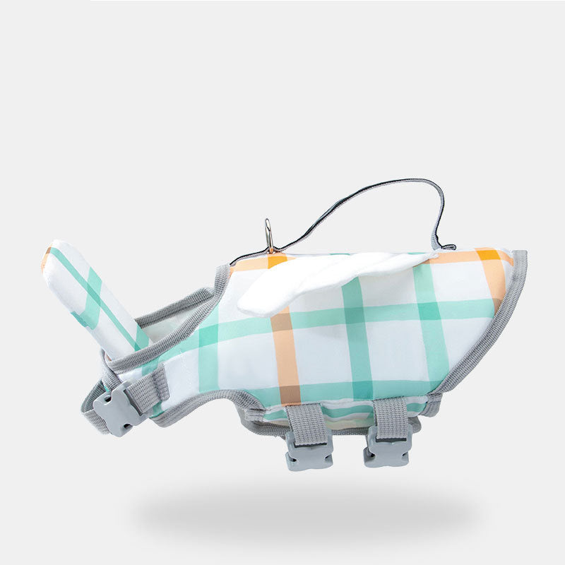 Plaid checkered dog life vest showing side profile with tail float and adjustable buckle straps