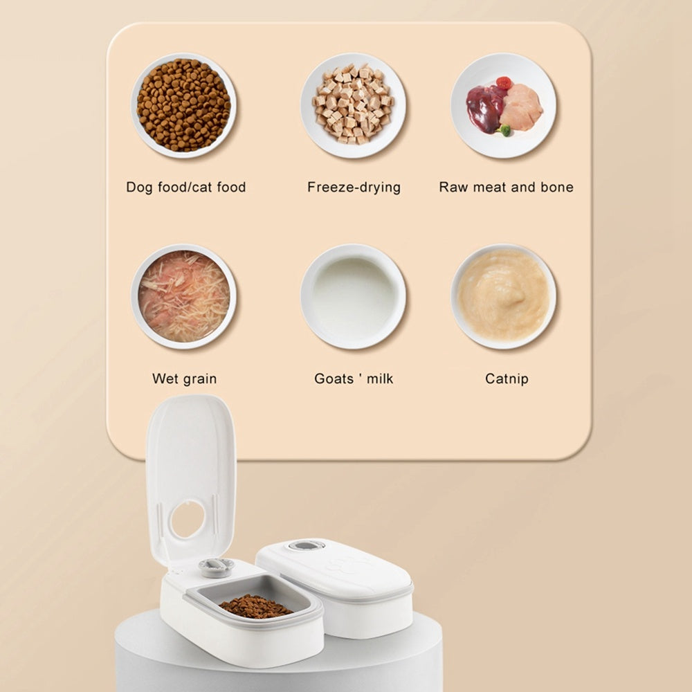 Automatic pet feeder with open lid featuring different compatible pet foods: dry kibble, freeze-dried, raw meat, wet grain, goat milk, and catnip