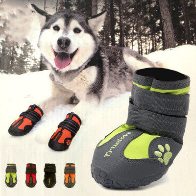 Husky dog laying in snow wearing orange and black non-slip dog shoes