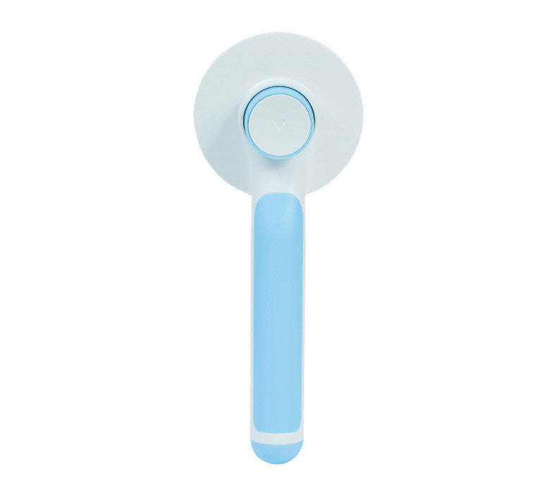 Blue handled round pet hair comb from front view showing self-cleaning button