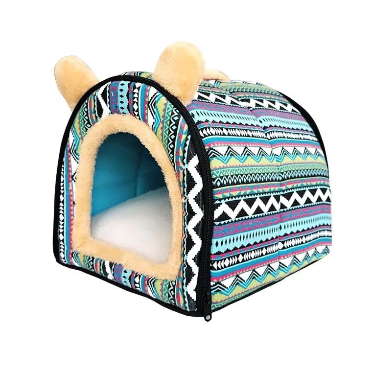 Colorful patterned plush pet kennel with yellow bear ears and blue interior