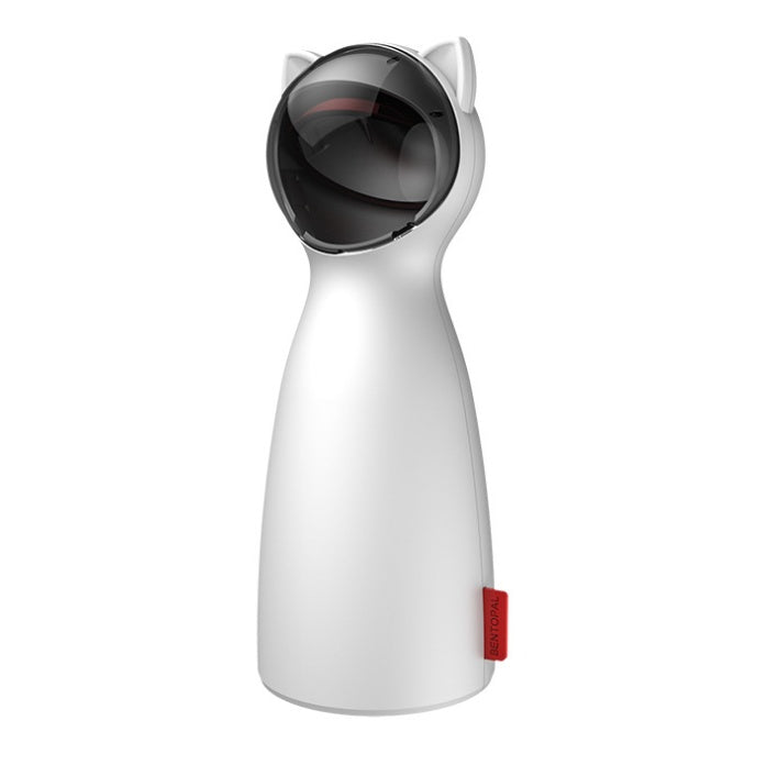 Close-up perspective of the sleek white automatic cat laser toy with black cat-ear design on top