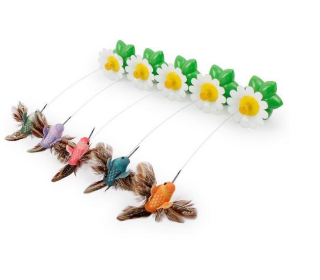 Five different electric rotating feathered bird cat toys attached to flower bases