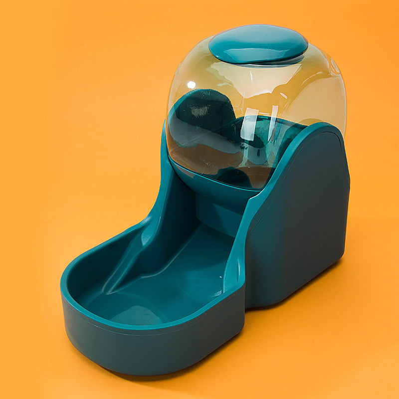 Blue automatic pet feeder fountain with transparent water reservoir on orange background