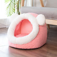 Load image into Gallery viewer, Pink plush pet house with white trim and pom pom ears
