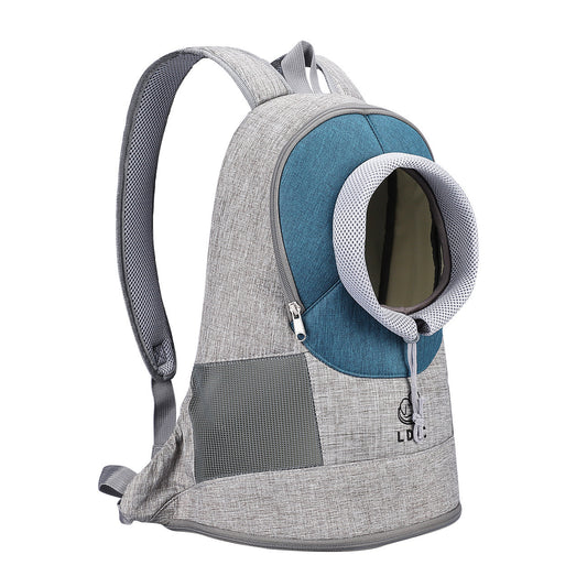 Close-up of breathable gray pet carrier backpack with blue front bubble window and mesh side panels