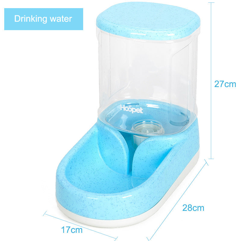 Blue automatic pet water dispenser showing clear water reservoir with dimensions
