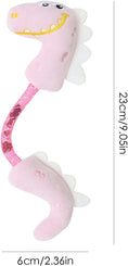 Load image into Gallery viewer, Pink plush dinosaur cat chew toy isolated on white background with dimensions shown
