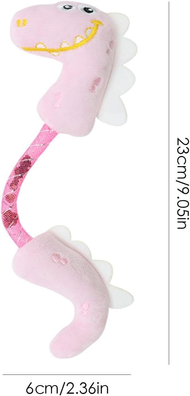 Pink plush dinosaur cat chew toy isolated on white background with dimensions shown