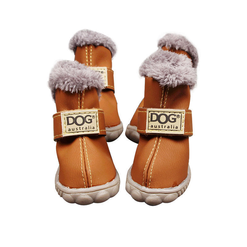 Front view of brown dog boots with fluffy gray lining and rubber soles