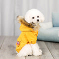 Load image into Gallery viewer, Small white dog sitting wearing yellow winter coat with faux fur trim hood
