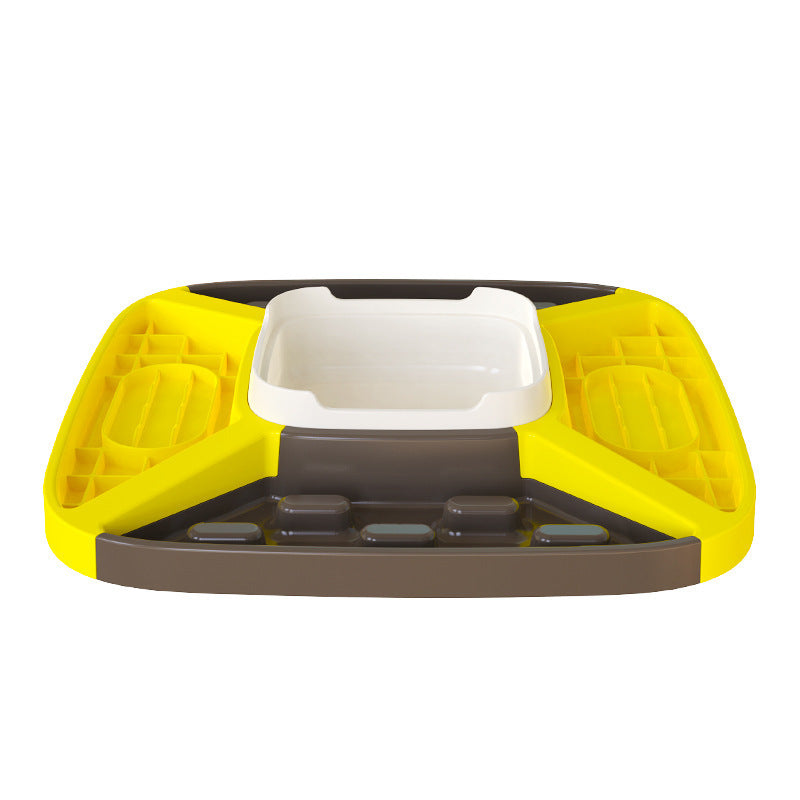 Side view of the yellow and brown multifunctional dog feeder showcasing slow feeder dishes and central drinking bowl