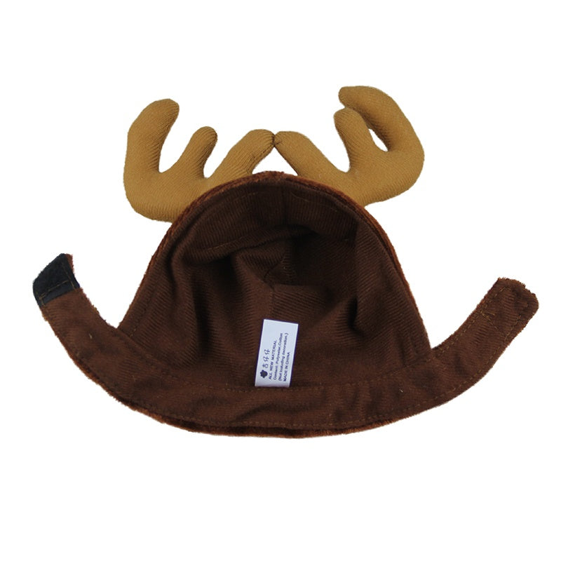 Inside view of brown reindeer hat showing velvet fabric and antlers